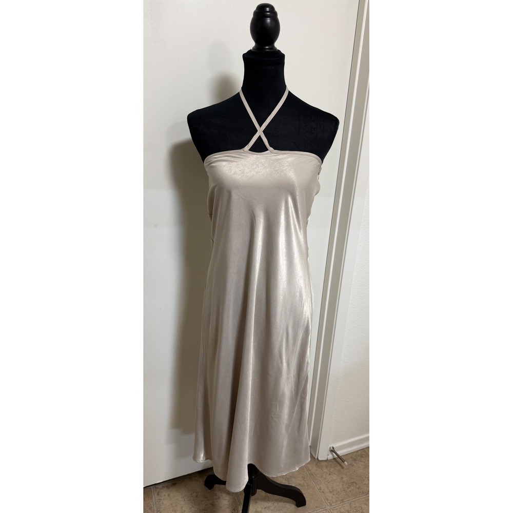 Elodie Champagne Satin Halter Midi Dress Shimmer Metallic Womens Medium